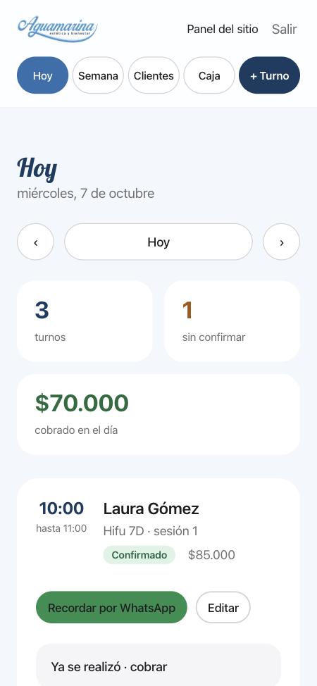 Agenda de turnos del día de Aguamarina
